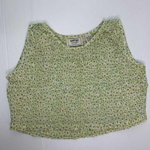 Krazy Kat Shirt Small Crop Shirred Green Floral Cotton Retro Summer - Picture 11 of 12